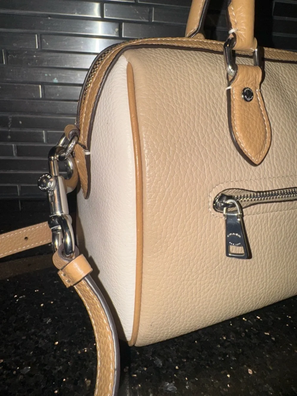 Coach Beige and Tan Leather Satchel with Crossbody Strap - Picture 7 of 10